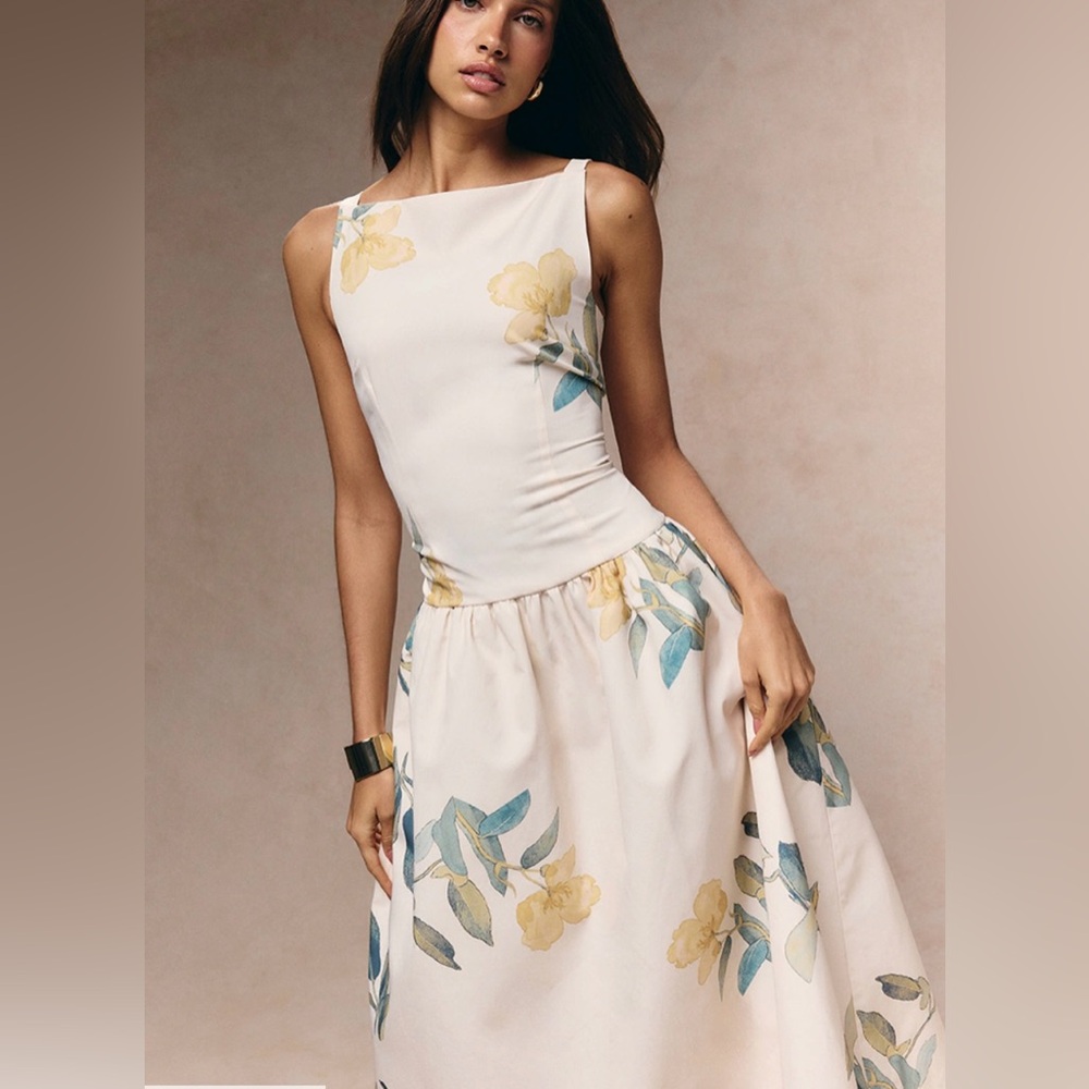YELLOW AND CREAM FLORAL PRINTED DROPPED WAIST MIDAXI DRESS